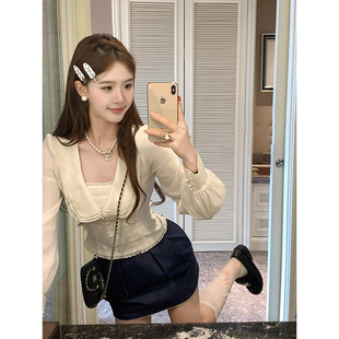 微醺流光 高腰半身裙秋 减龄甜系少女叠领曲牙边衬衣抽褶掐腰衬衫