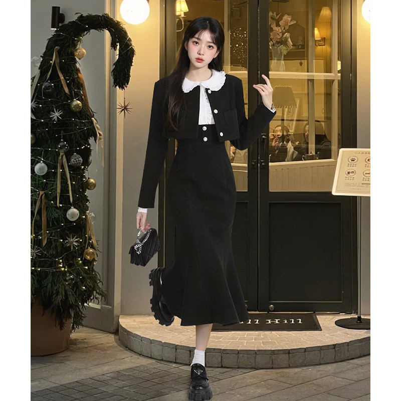 赫本序曲早秋气质名媛短外套假两件鱼尾连衣裙女2025新款洋气套装