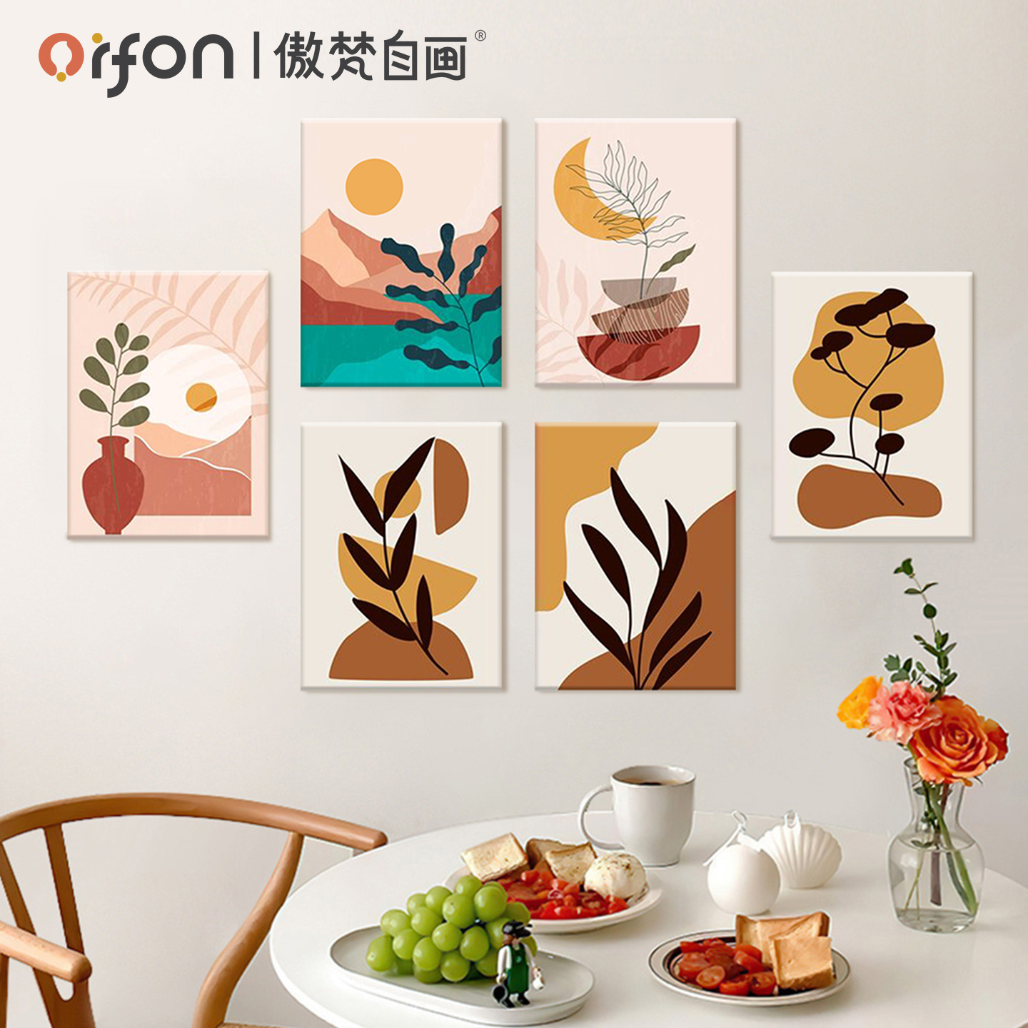数字油画diy填充解压手绘丙烯油彩客厅餐厅儿童房六联小小装饰画图片