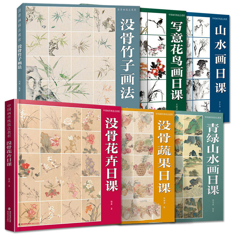 全6册没骨花卉日课 写意花鸟画日课没骨竹子画法青绿山水画日课没骨蔬果日课中国画传统技法教程 绘画新国画临摹画册美术基础自学