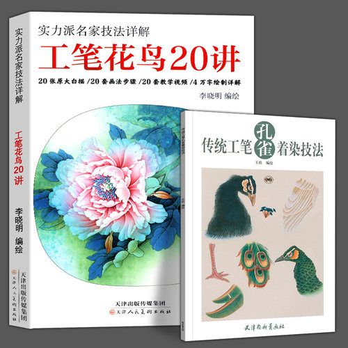 2册 工笔花鸟20讲+传统工笔孔雀着染技法李晓明实力派名家技法详解白描李晓明工笔画底稿牡丹荷花国画入门步骤基础白描线描临摹