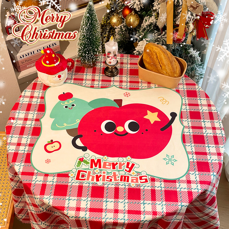 圣诞桌布红色格子桌垫装饰品布置