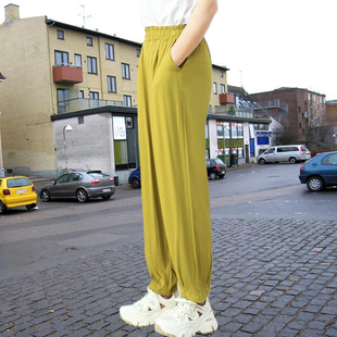 韩版人造棉女裤夏季高腰长裤加肥哈伦裤大码纯色束脚棉绸休闲裤薄