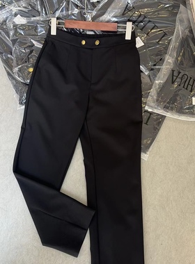 欧货23夏新款时尚经典款高弹后开叉通勤裤显瘦黑色烟管裤女F82652
