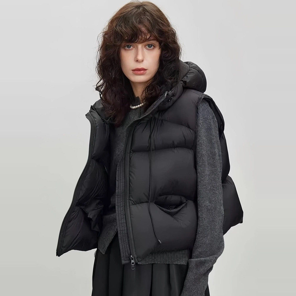 韩版花苞帽泡芙羽绒服马甲女短款2025年新款小个子鹅绒背心外套