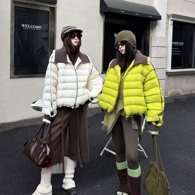 欧货包皮条针织大翻领羽绒服女2025冬新款拼色廓版洋气白鸭绒外套