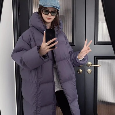 韩版中长款连帽白鸭绒羽绒服