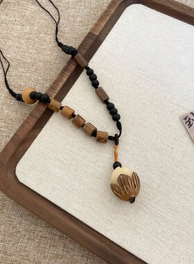 新中式松子木珠吊坠项链民族风复古长款毛衣链小众独特项饰女