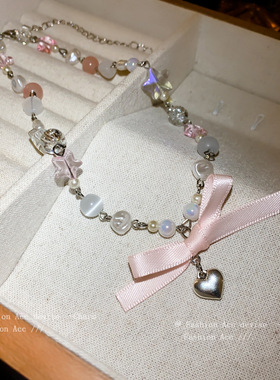 爱心星星蝴蝶结猫眼石项链夏季时尚甜美锁骨链心百搭项饰