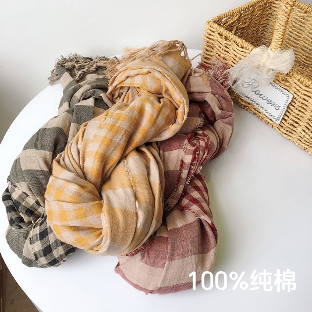 秋冬新款复古全棉双面格子条纹围巾加大保暖围脖学生学院风披肩