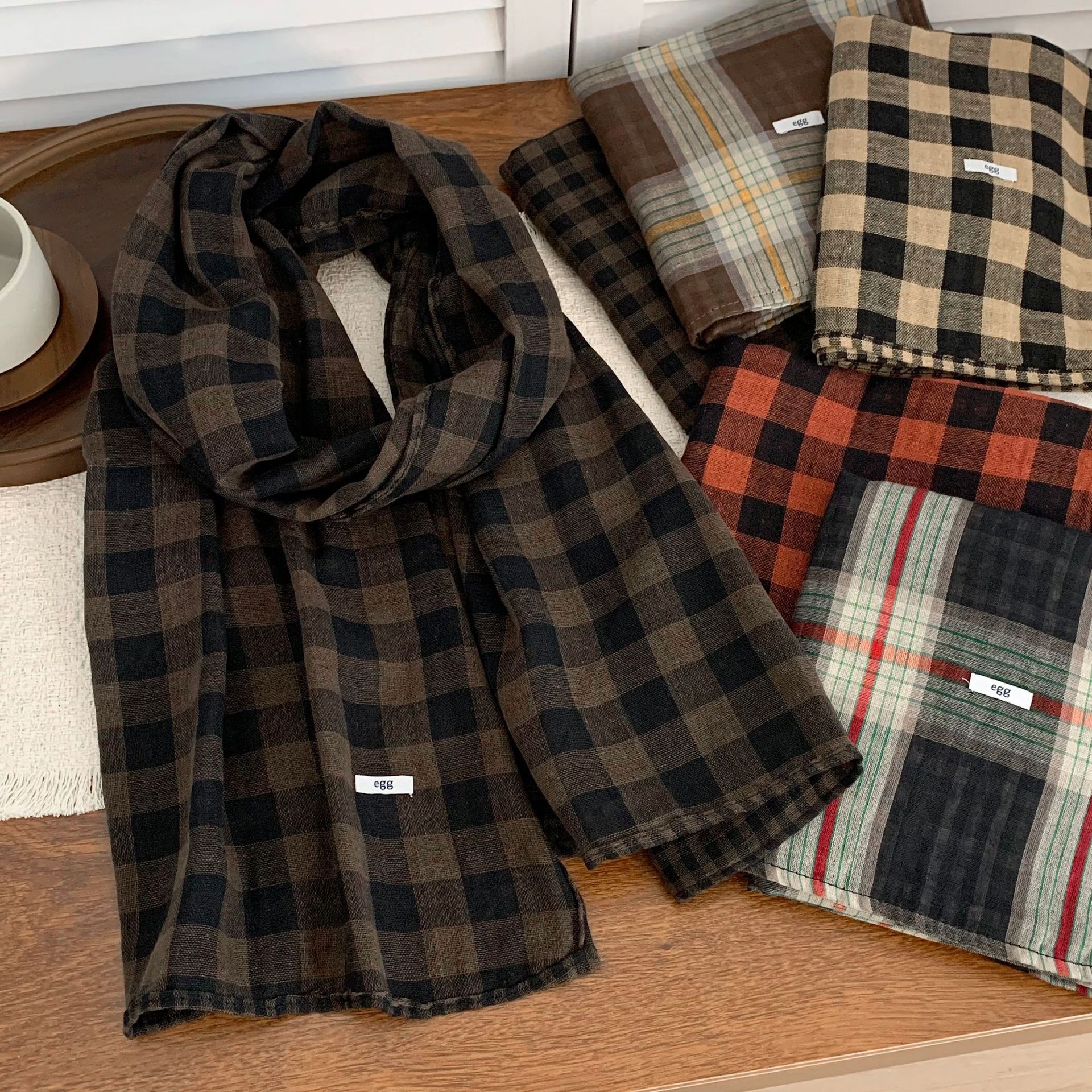 棉麻围巾双面格子韩版百搭装饰领巾文艺复古长巾学生围脖披肩外搭