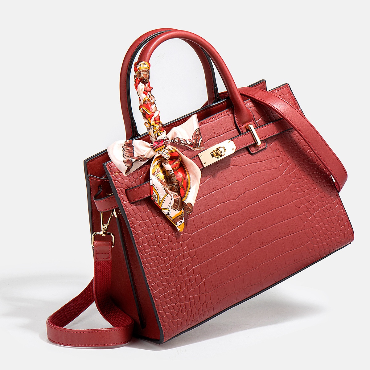 香港风真皮女包红色手提