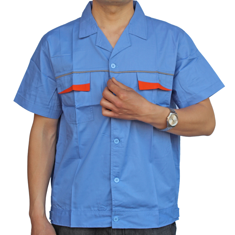 工装制服夏季工作服蓝色半袖厂服劳保服装短袖工装定制印字透气款