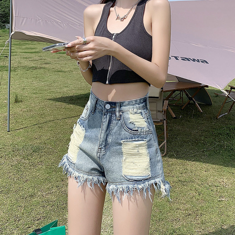 2023夏季辣妹毛边破洞牛仔短牛仔裤