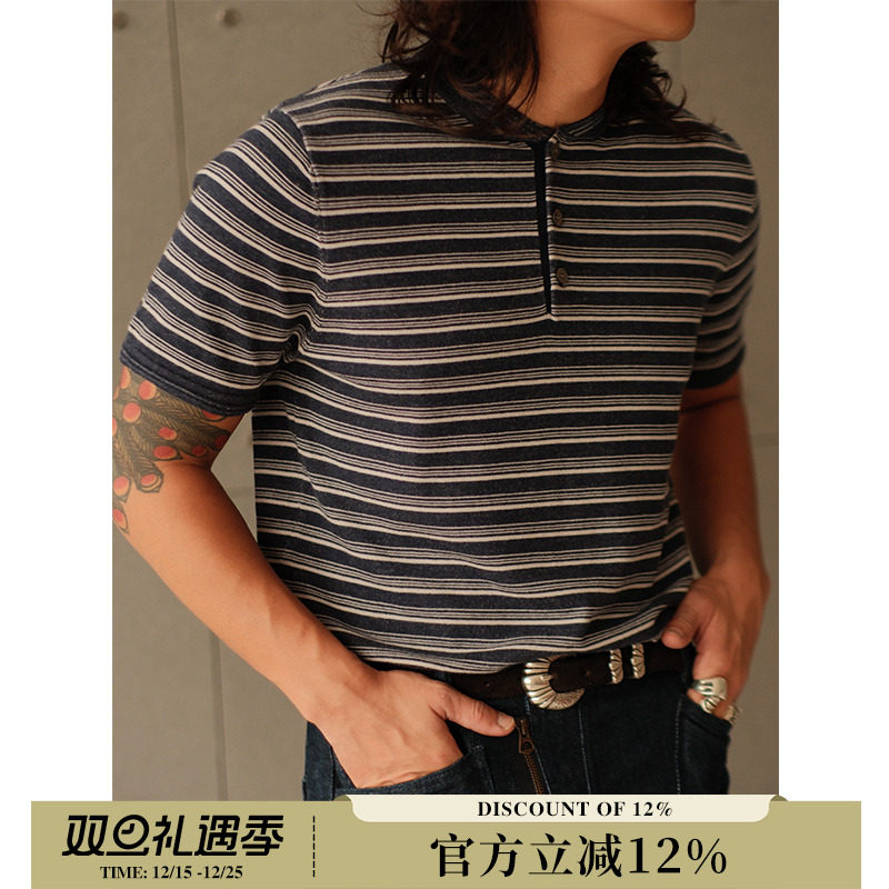 海军条纹藏蓝花纱老布感美式复古亨利领套头短袖针织衫MBBCAR窄幅