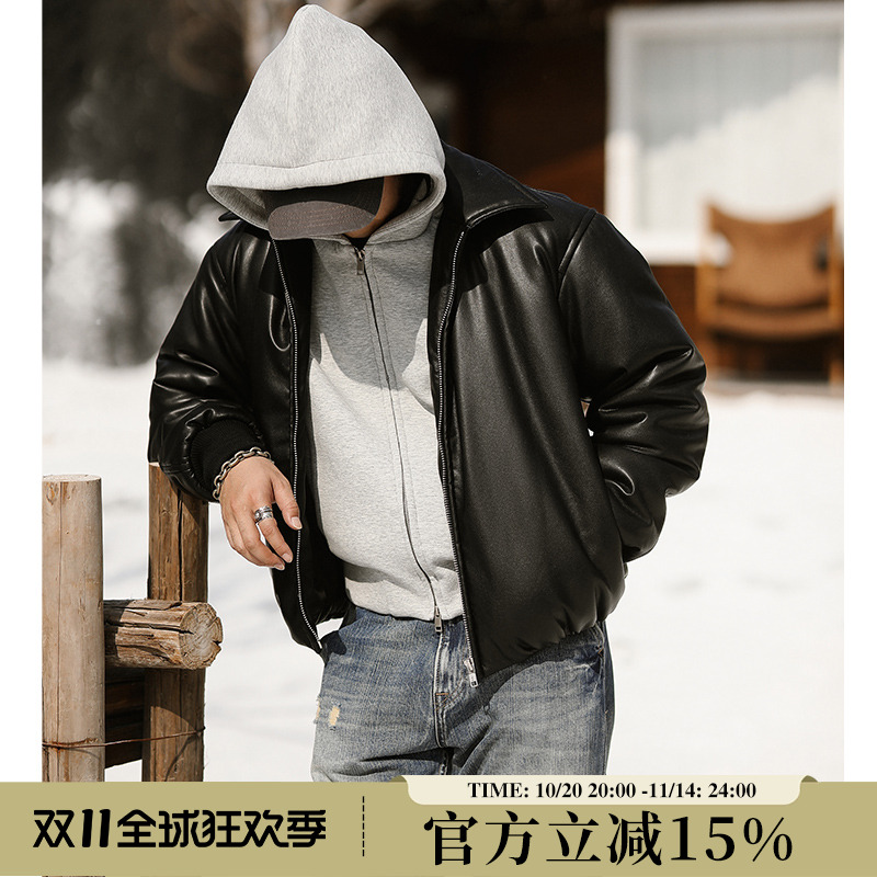 Urban城市系列面包剪裁填充短款Bomber飞行员皮衣夹克 MBBCAR窄幅