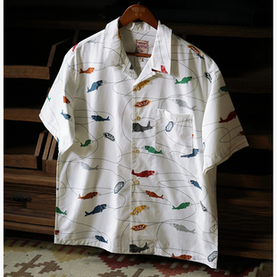 天丝棉 户外宽松休闲鲤鱼露营夏威夷满印短袖花衬衫 MBBCAR窄幅