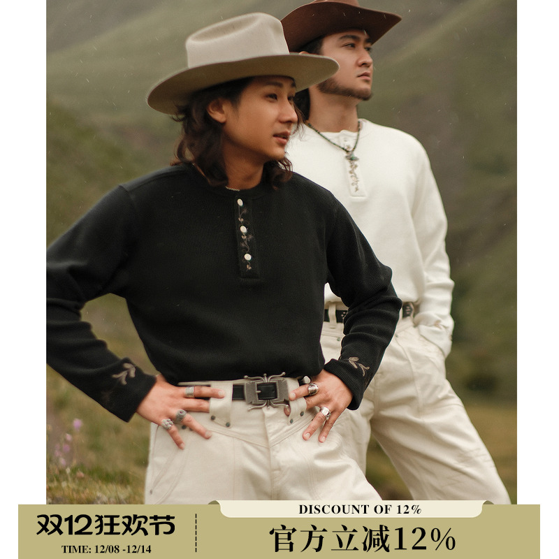 西部系列240G华夫格全棉水洗绣花 亨利领花卉长袖T恤 MBBCAR窄幅