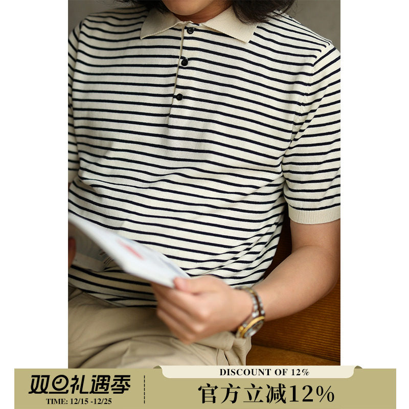 Mbbcar窄幅美式复古条纹POLO短袖
