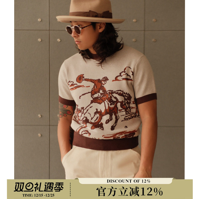 260G精梳棉高密针织衫西部系列牛仔骑马Rugged复古T恤MBBCAR窄幅