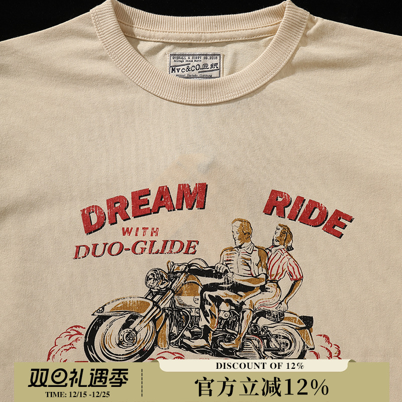 LOT.101复古原棉色粗织纱机车商店广告短袖T恤 Mvc&Co.匠织