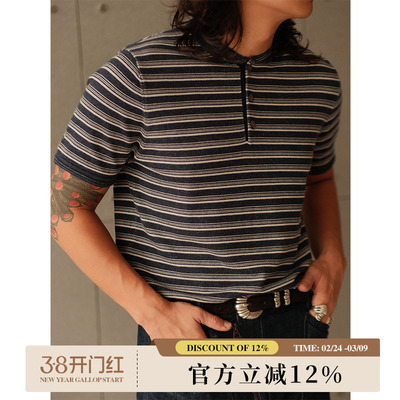 海军条纹藏蓝花纱老布感美式复古亨利领套头短袖针织衫MBBCAR窄幅