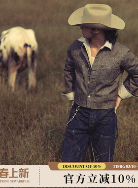 蛇穴系列硫化染卡其绿西部剪裁100J短宽赤耳丹宁骑士夹克 窄幅MMC