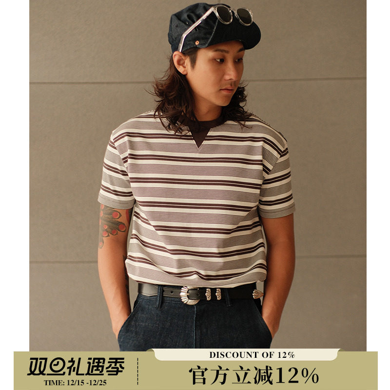 310G黑白条纹合身休闲夏季美式复古运动短袖T恤 MBBCAR窄幅