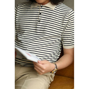 藏青米白条纹POLO针织衫MBBCAR窄幅美式复古纯棉透气夏季短袖T恤