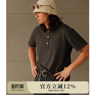 MBBCAR窄幅 T恤 240G混纱黑花灰软糯亲肤美式 复古亨利领纯棉短袖