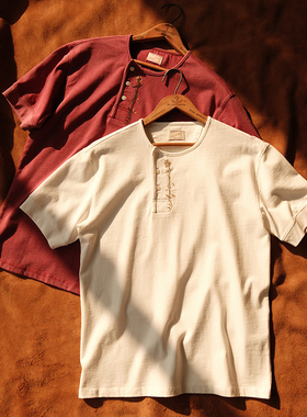 西部系列 240克花卉绣花斜门襟修身亨利领短袖T恤 MBBCAR窄幅