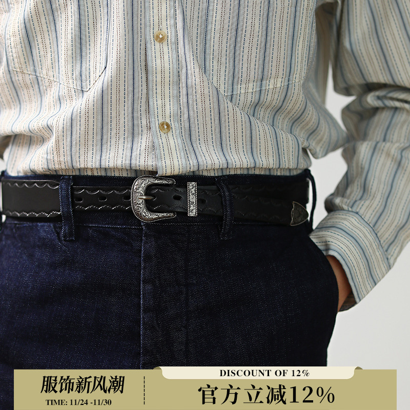 柒名氏植鞣皮美式压花唐草雕花皮带头层牛皮真皮阿美咔叽复古腰带