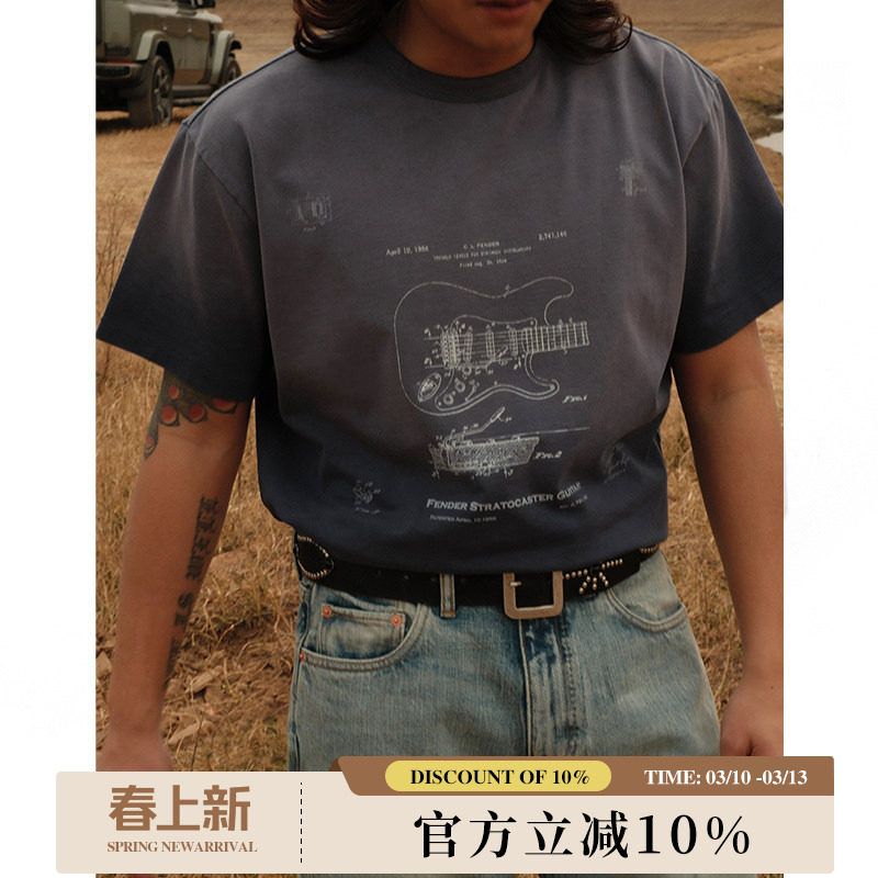 230G摇滚复古芬达电吉他VINTAGE褪色水洗做旧印花T恤 MBBCAR窄幅