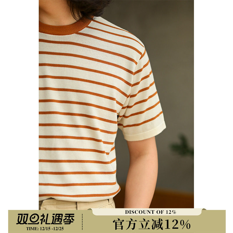 Mbbcar窄幅美式复古条纹休闲短袖