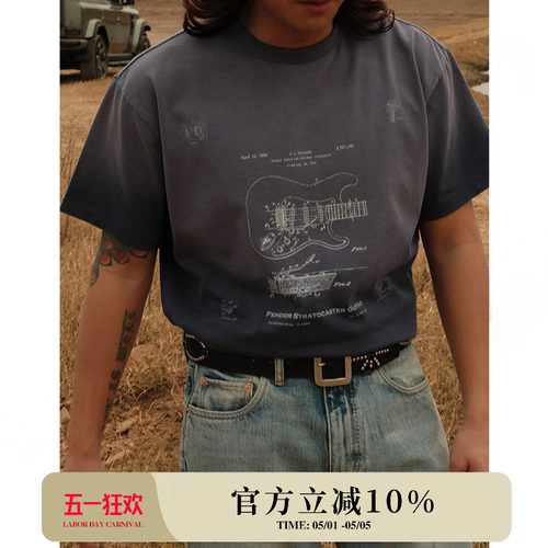 230G摇滚复古芬达电吉他VINTAGE褪色水洗做旧印花T恤 MBBCAR窄幅