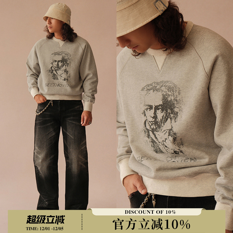 VTG系列510克花纱撞色贝多芬做旧直喷印花复古卫衣 MBBCAR窄幅