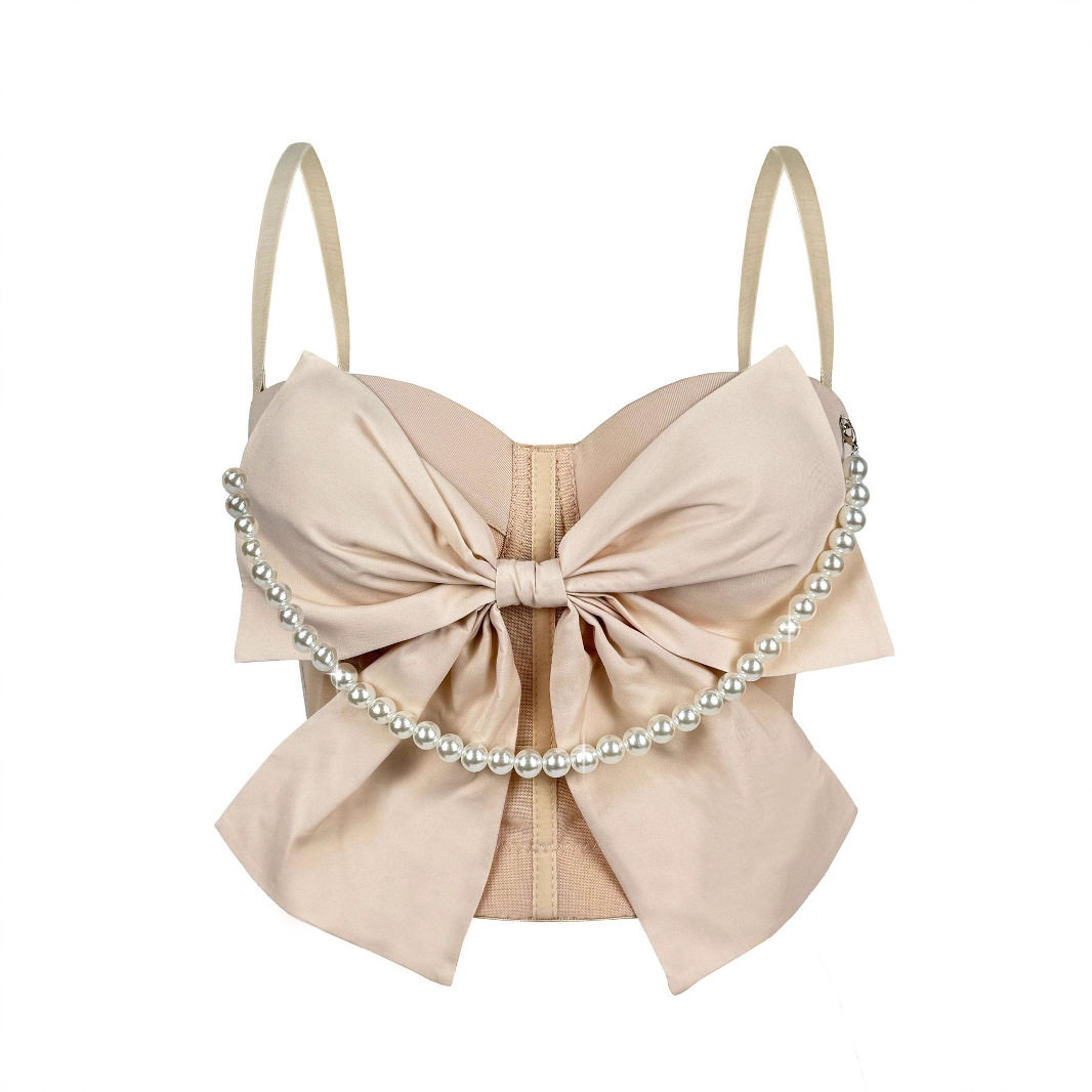 夏季新款珍珠蝴蝶结吊带背心洋气时尚百搭鱼骨胸衣修身显瘦气质上