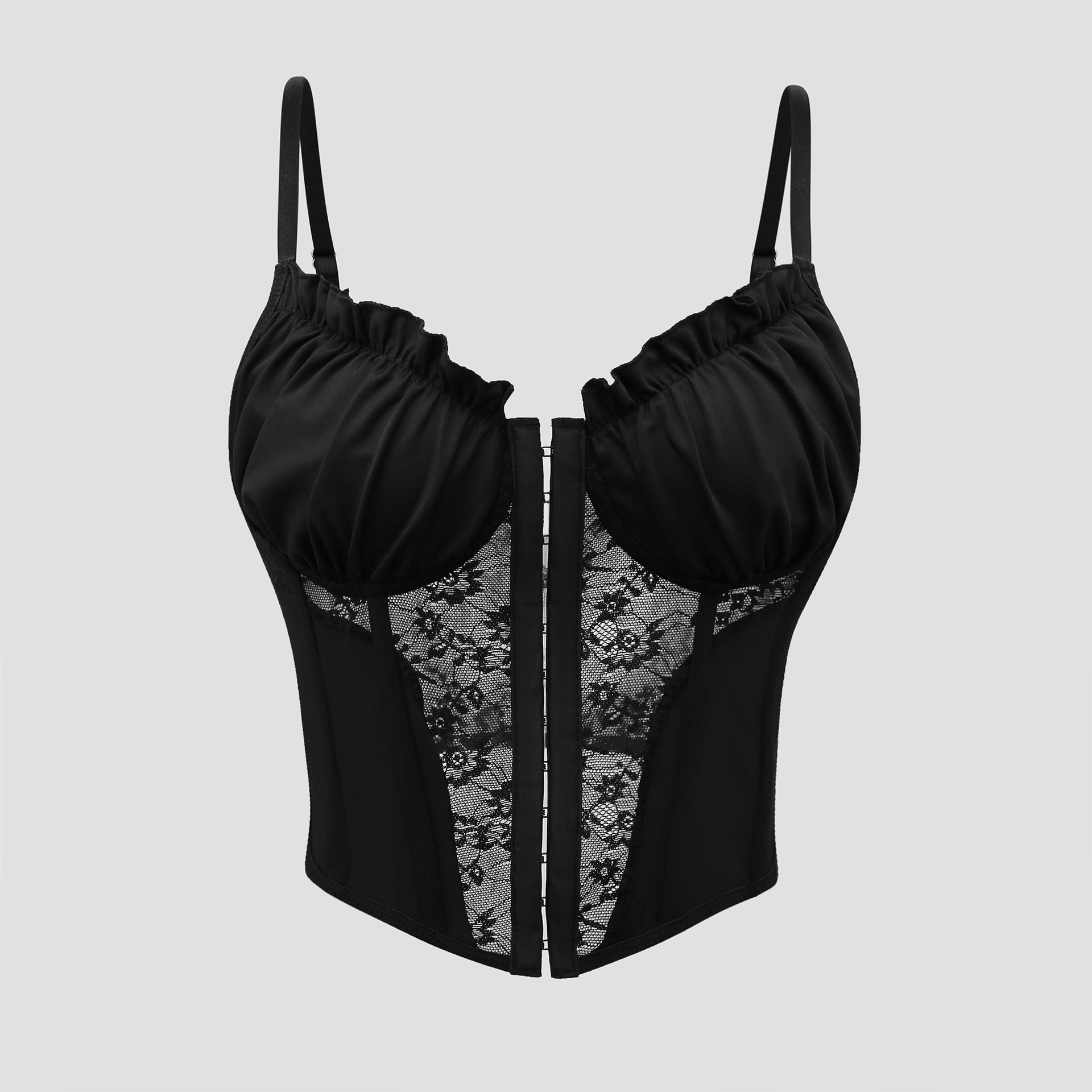 性感蕾丝褶皱木耳边排扣鱼骨背心