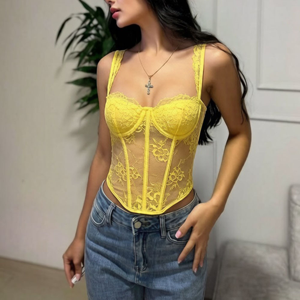 女跨境欧美时尚新款个性显胸紧身束腰蕾丝后背抽绳鱼骨可拆卸肩带