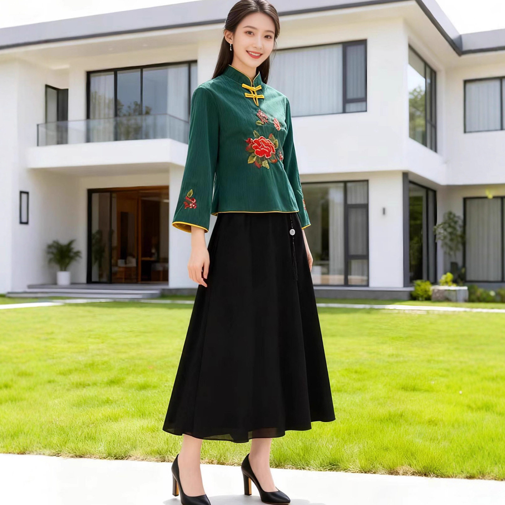 街头女复古国色牡丹刺绣立领盘扣上衣流苏裙女式唐装喜庆茶服套装
