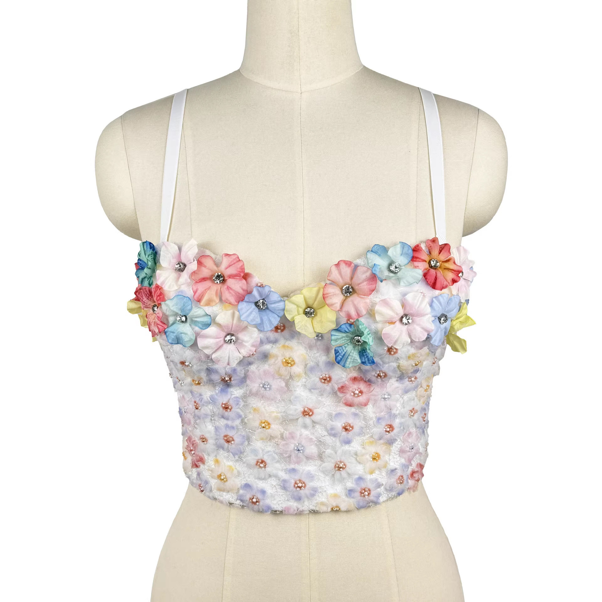 手工花朵钉珠鱼骨胸衣显瘦修身带胸垫吊带背心纯欲穿搭鱼骨上衣女