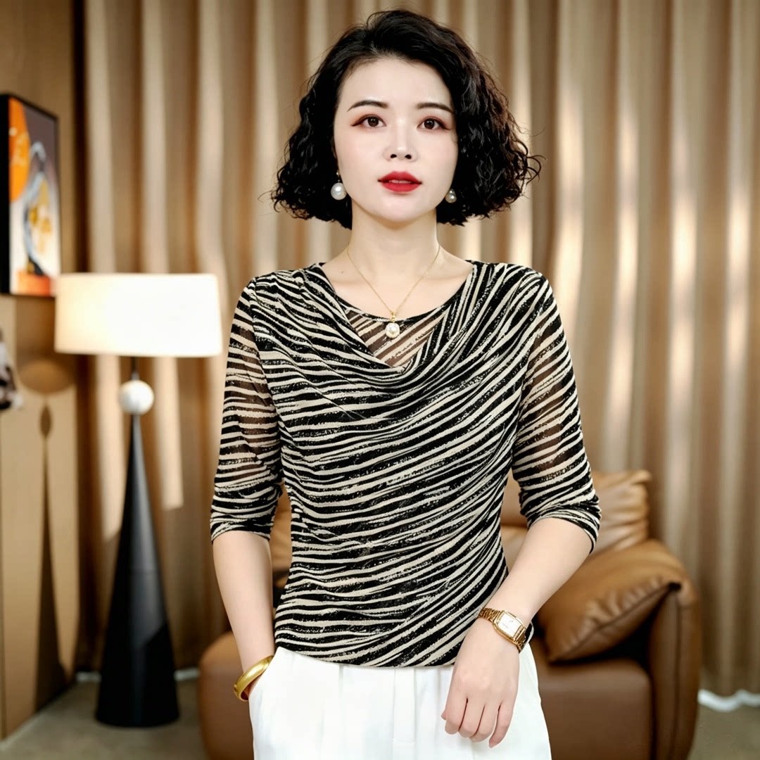 气质女装堆堆领斜条纹长袖网纱上衣显瘦妈妈装洋气春秋打底衫小衫