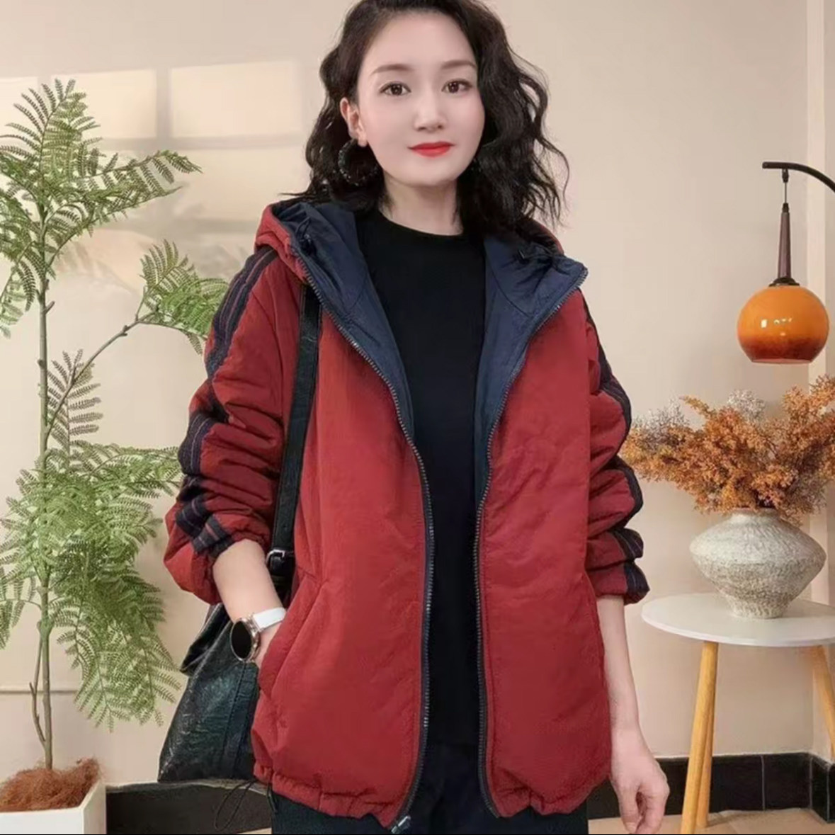 秋冬新款加厚保暖棉衣外套女士双面穿连帽休闲百搭冲锋衣棉服冬衣