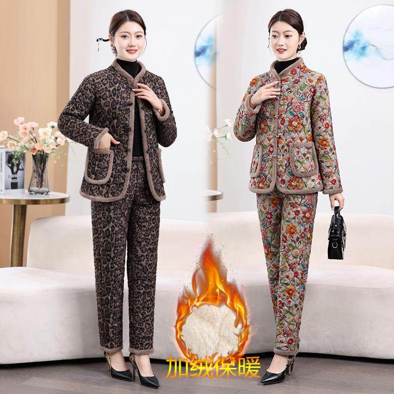 妈妈装冬装加绒套装时尚洋气保暖花棉袄中老年女装居家两件套装女