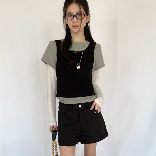 TABLE-百搭层次感满满假三件拼色长袖T恤上衣修身休闲针织衫61428