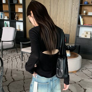 TABLE-尚休闲镂空露背百搭圆领纯色上衣修身显瘦打底长袖T恤61201