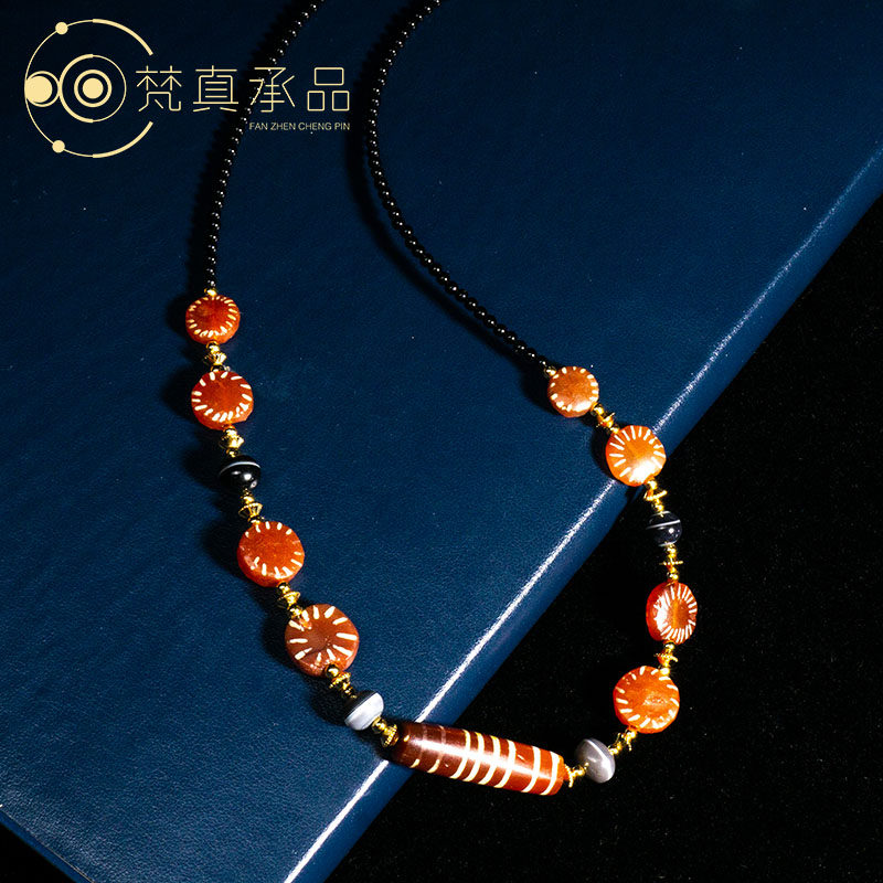 梵真承品 西亚古珠千年精品镶蚀红玉髓项链老天珠药师珠老蜜蜡