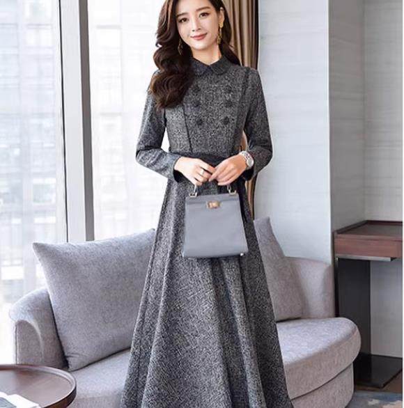 连衣裙秋款女装新款复古撞色POLO领中长款裙子收腰显瘦a字衬衫裙