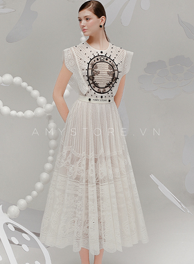 2024越南小众AMY立领无袖礼服裙白色荷叶边拼接蕾丝连衣裙长裙