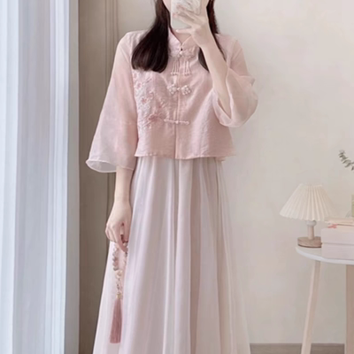 新中式国风两件套女春秋大码胖mm改良汉服旗袍长袖上衣连衣裙套装